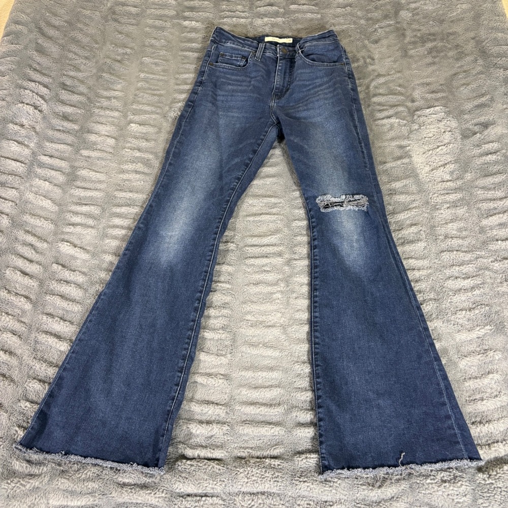 Levis Premium 726 High Rise Flare Jeans 26 Dark Wash Distressed Knee Raw Hem